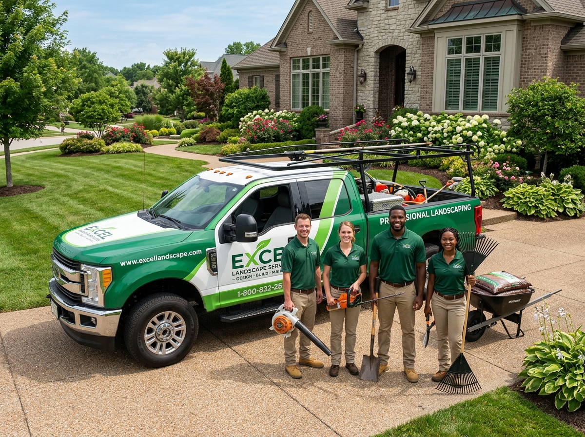 LawnCraft Landscaping truck and professional team