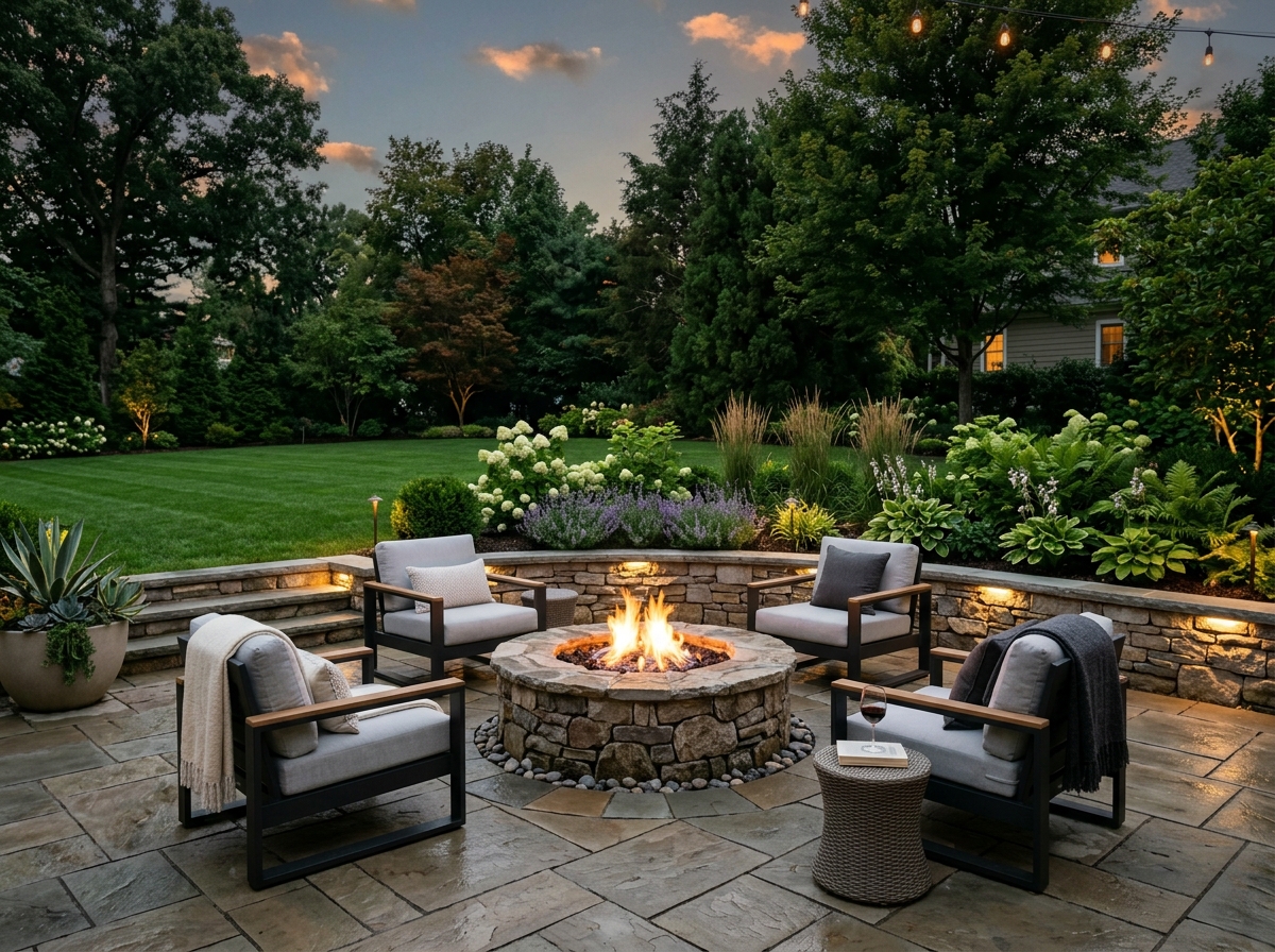 Custom backyard stone patio and fire pit