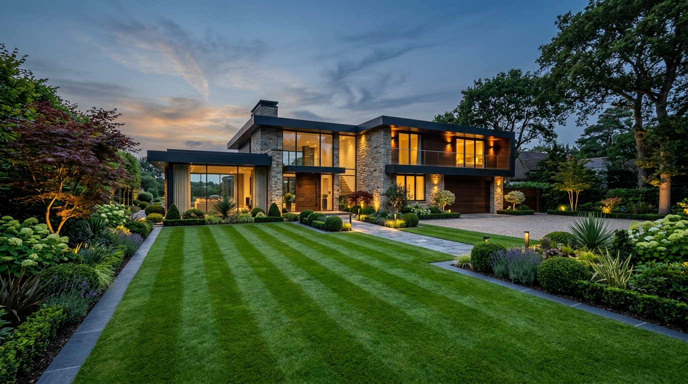 A beautifully landscaped modern home with manicured lawn