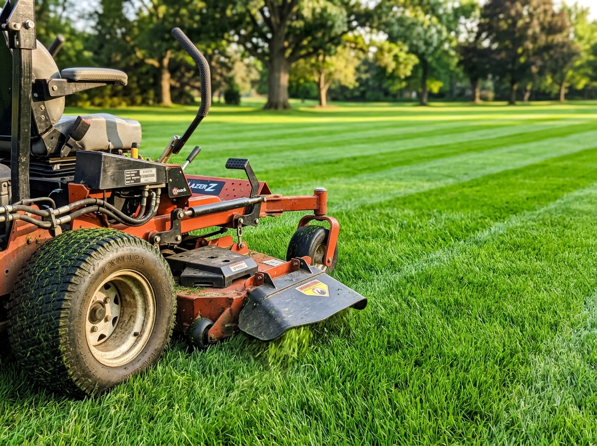 Lawn care service cutting stripes on lawn